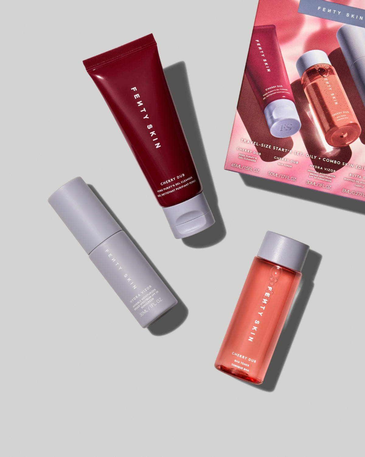 FS_SPR26_T2PRODUCT_ECOMM_CHERRYS_STARTRS_SET_US_1200X1500_72DPI.jpg Fenty Skin Travel-Size Start'r Set For Combo + Oily Skin - Image 1